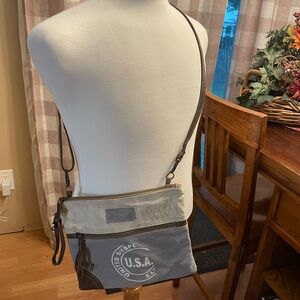 Myra Bag Gray and tan distressed canvas and leather convertible crossbody bag